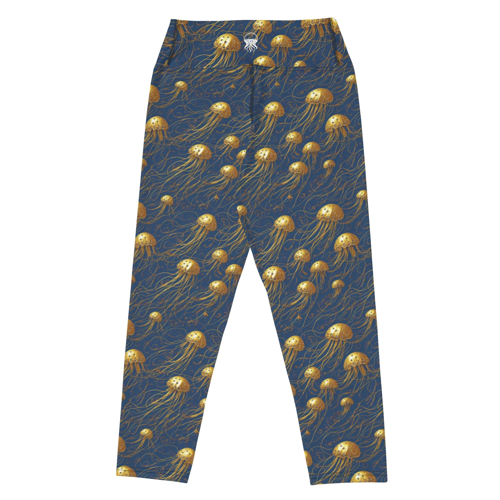 Yoga Capri Leggings Blue and Gold Jellyfishes