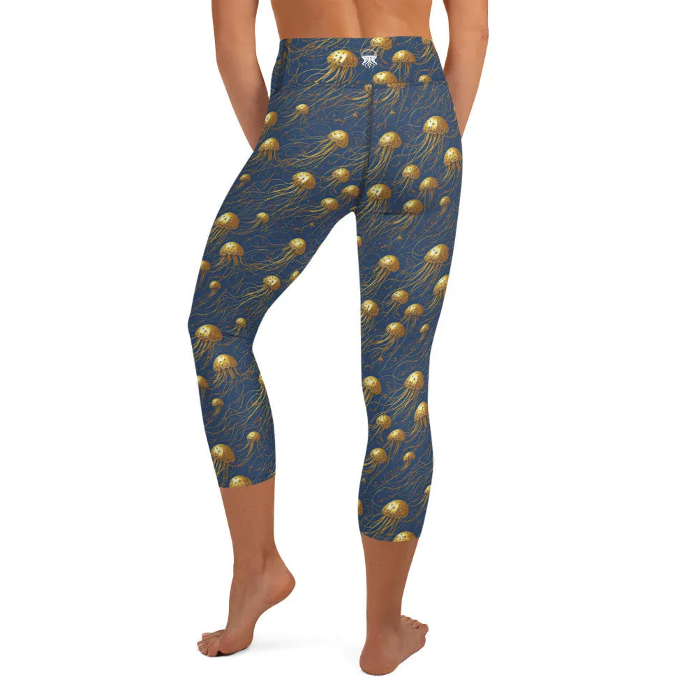 Yoga Capri Leggings Blue and Gold Jellyfishes