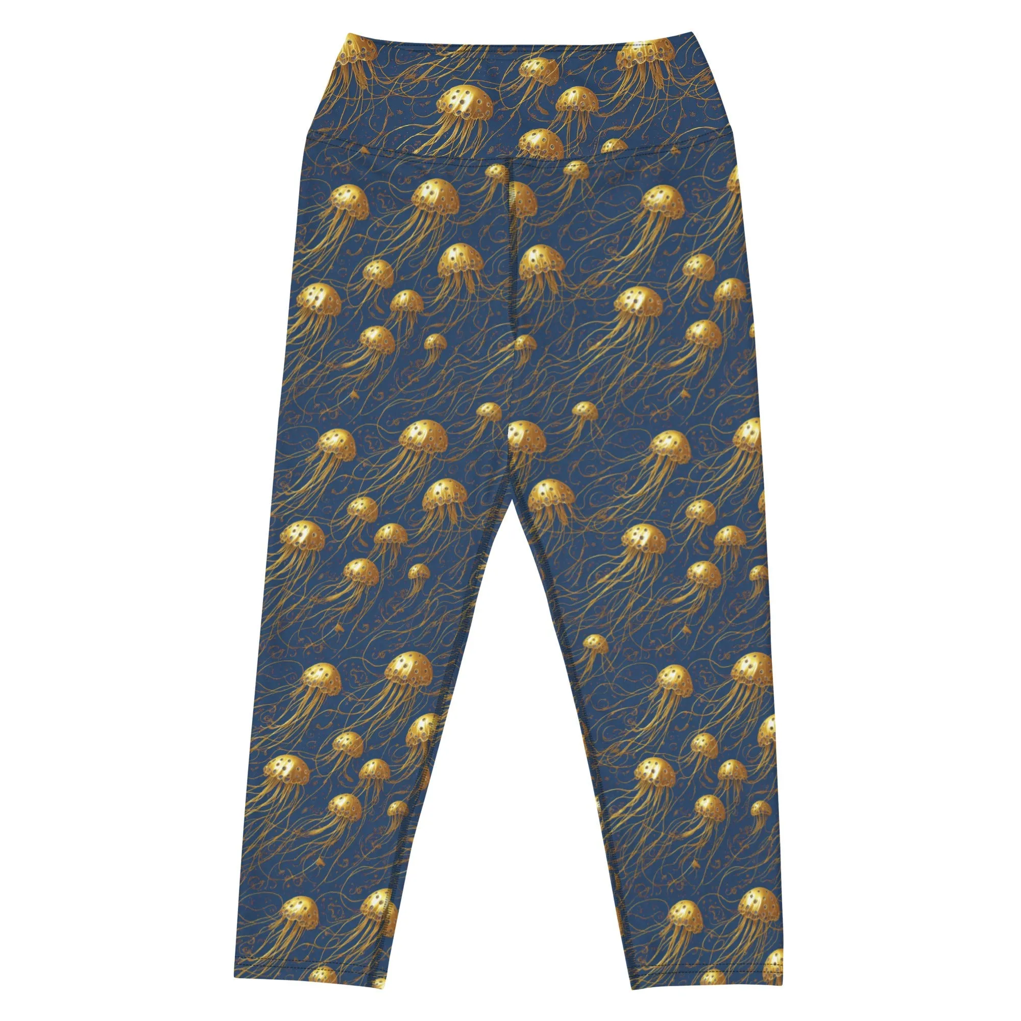 Yoga Capri Leggings Blue and Gold Jellyfishes